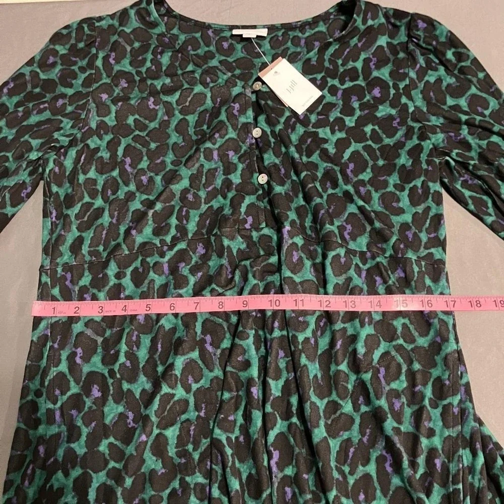 NWT J.Jill Medium Green Black Leopard Print Maxi Shift Dress Long Sleeve Size M